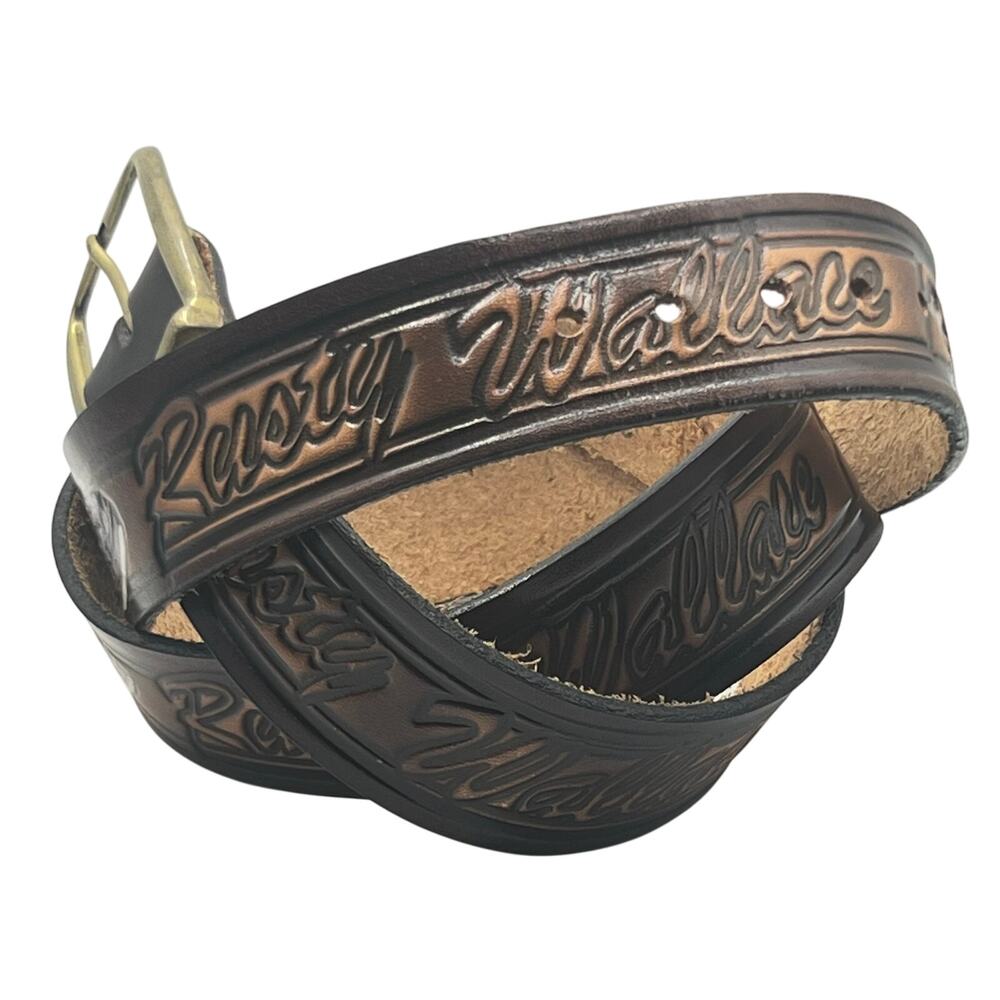 Vintage 80s Rusty Wallace Nascar Hand Tooled Leather Belt Size Medium Handmade